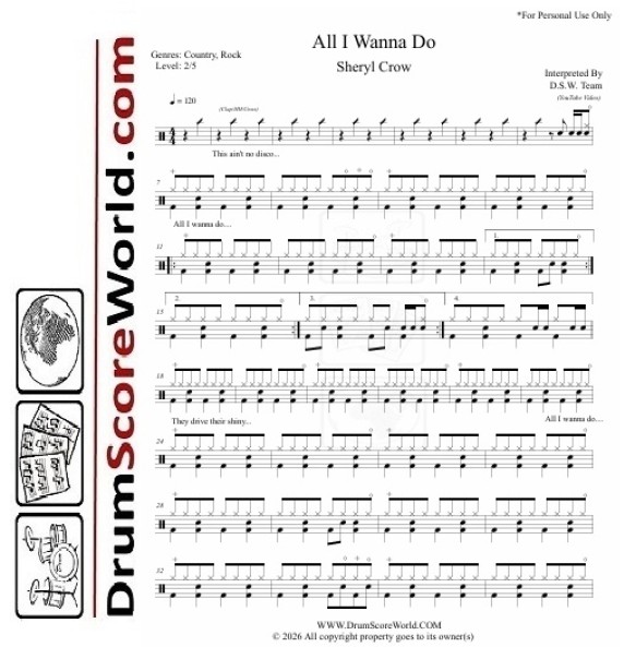 Sheryl Crow - All I Wanna Do - Drum Sheet + Play-Along Track